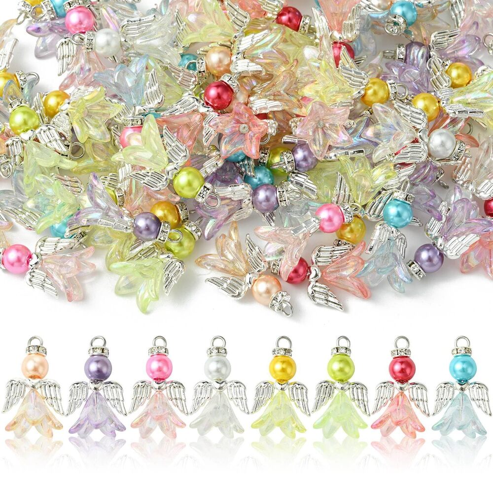 4058 80 pcs 8 Colors Acrylic Angel Beads Charms Fairy Wing Dangle Charms